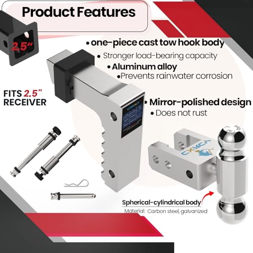 CXRCY Adjustable Trailer Hitch,2.5'' Receiver, 8 inch Drop/Rise,Heavy Duty Aluminum Tow Hitches(2"&2-5/16"Ball),Trailer Max 12500LBS(US patents,No.US012304258B1) - Image 4
