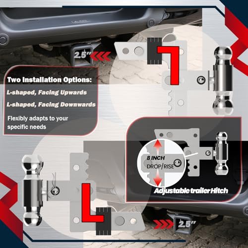 CXRCY Adjustable Trailer Hitch,2.5'' Receiver, 8 inch Drop/Rise,Heavy Duty Aluminum Tow Hitches(2"&2-5/16"Ball),Trailer Max 12500LBS(US patents,No.US012304258B1) - Image 3