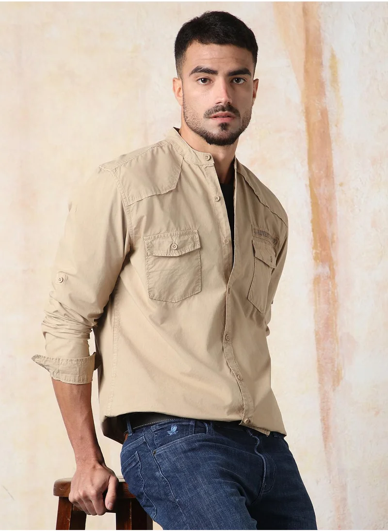 هاي ستار Men's Khaki 100% Cotton Solid Button Down Regular Fit Shirt