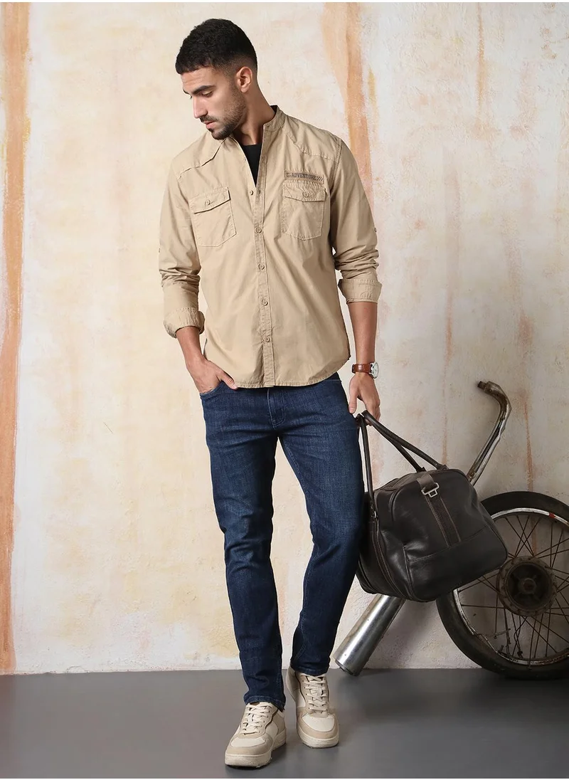 هاي ستار Men's Khaki 100% Cotton Solid Button Down Regular Fit Shirt