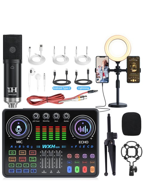 Sound Card Condenser Microphone Kit/Live Broadcast Equipment with Ring Light/Recording Studio for Live Streaming/Suitable for Podcasting/Live Broadcasting/Singing/PC/Mobile/TikTok/YouTube