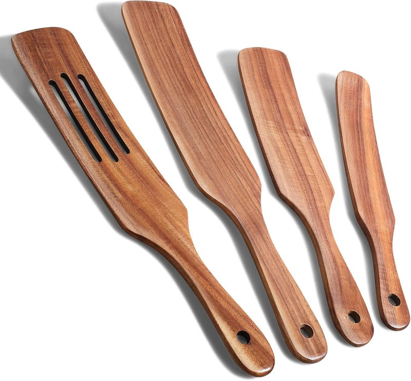 TEZZ Spurtle Set, Natural Acacia Wooden Kitchen Utensils Set of 4, Wooden Spoons Utensils for Cooking, stirring, Mixing, Serving, spurtles kitchen tools as seen on tv for NonSick Cookware - Image 1
