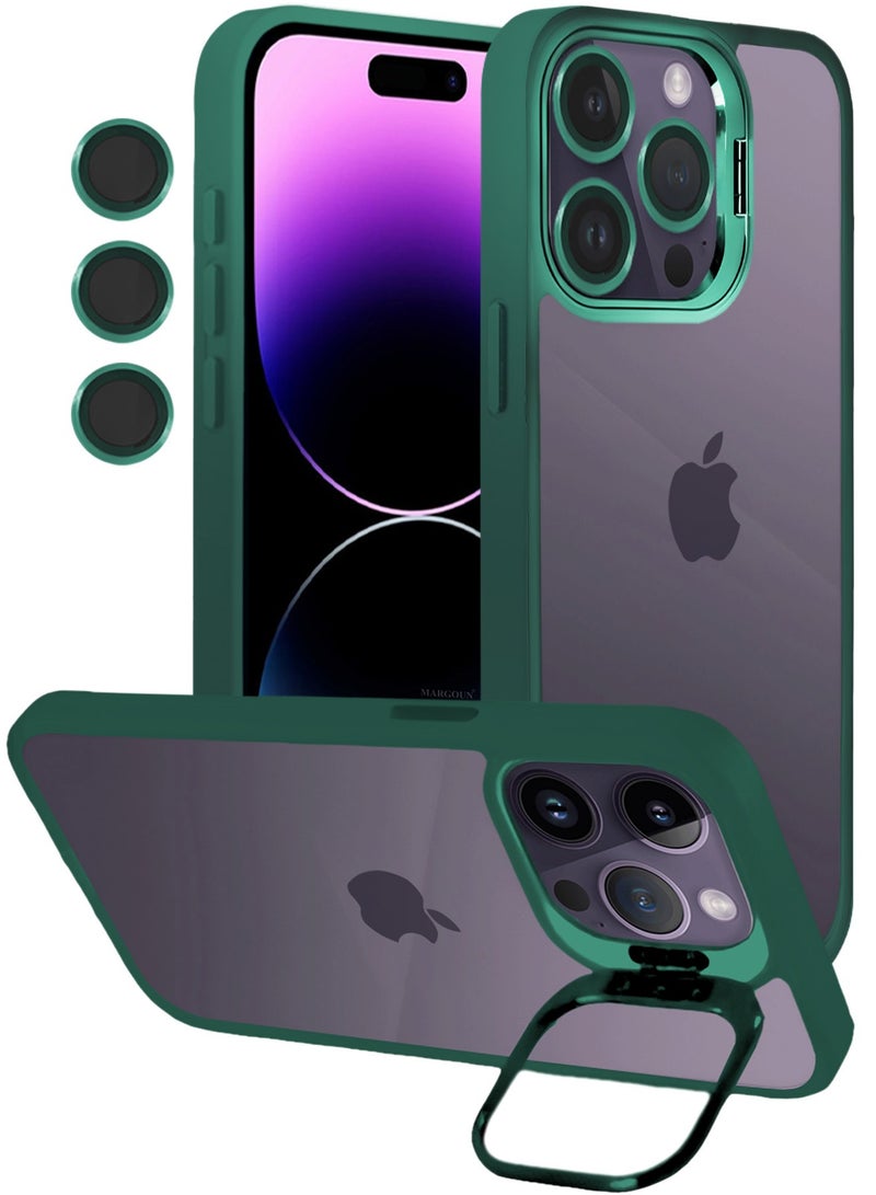 CATANES Transparent Case Cover with Flip Bracket Stand for iPhone 14 Pro – Shockproof Clear Back Cover with Lens Protection - Green - Image 1