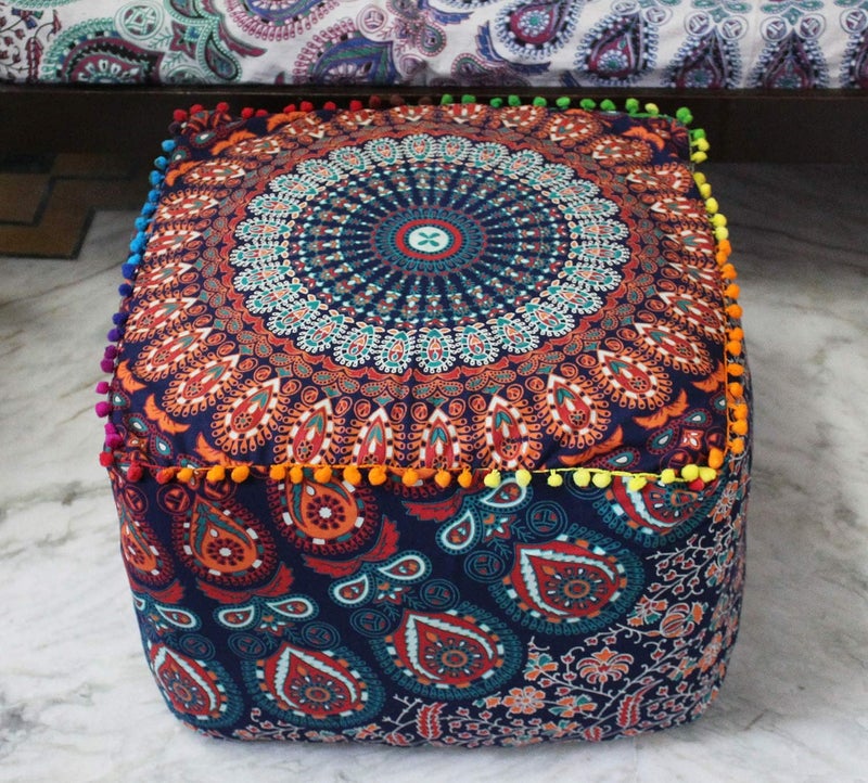 CRAFT KALA غطاء وسادة طاولة مربعة من ، بتصميم هندي تقليدي، بحجم 22×22×14 بوصة، بألوان متعددة. - Image 1