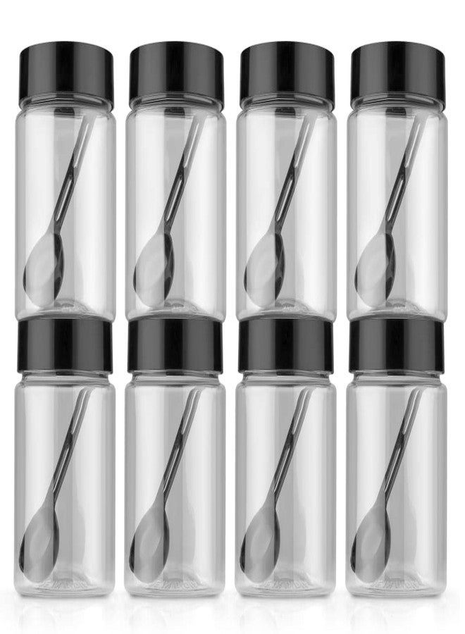 هابي علب تخزين بلاستيكية شفافة متعددة الاستخدامات من هابي، غير قابلة للكسر، محكمة الإغلاق، مثالية للمطبخ، لحفظ التوابل والحبوب والفواكه المجففة، سعة 250 مل، دائرية الشكل مع ملاعق (مجموعة من 8 قطع)، لون أسود - Image 2