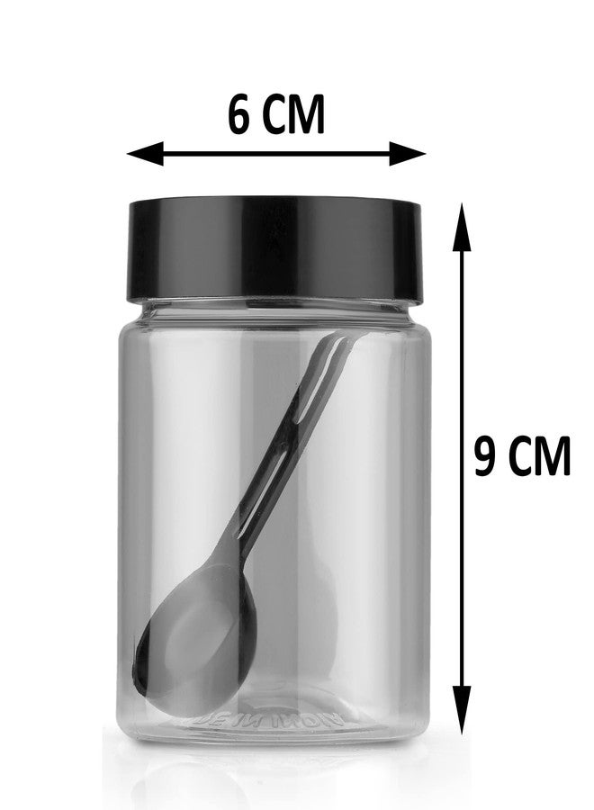 هابي علب تخزين بلاستيكية شفافة متعددة الاستخدامات من هابي، غير قابلة للكسر، محكمة الإغلاق، مثالية للمطبخ، لحفظ التوابل والحبوب والفواكه المجففة، سعة 250 مل، دائرية الشكل مع ملاعق (مجموعة من 8 قطع)، لون أسود - Image 4