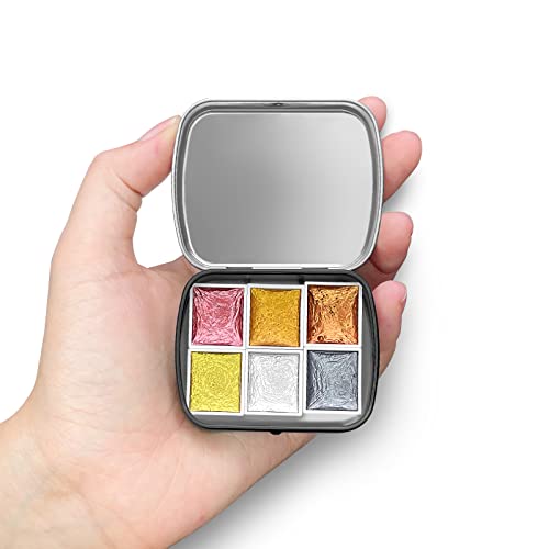 qianshan Mini Portable Handmade Artist Watercolor Paint Travel Tin Box Set with 6 Metallic Pearlescent Glitter Solid Watercolor Half Pans Sparkle Professional Watercolor.Gold - Image 2