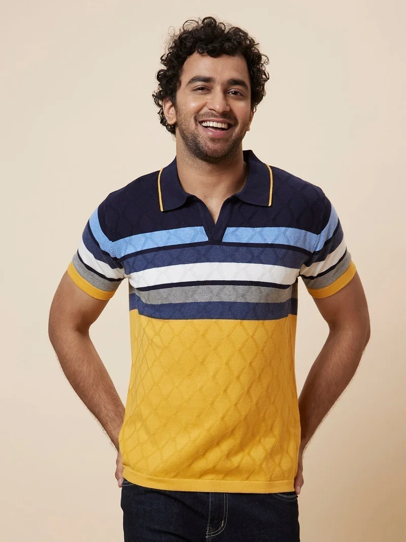 globus Globus Men Mustard Striped Cotton T-Shirt