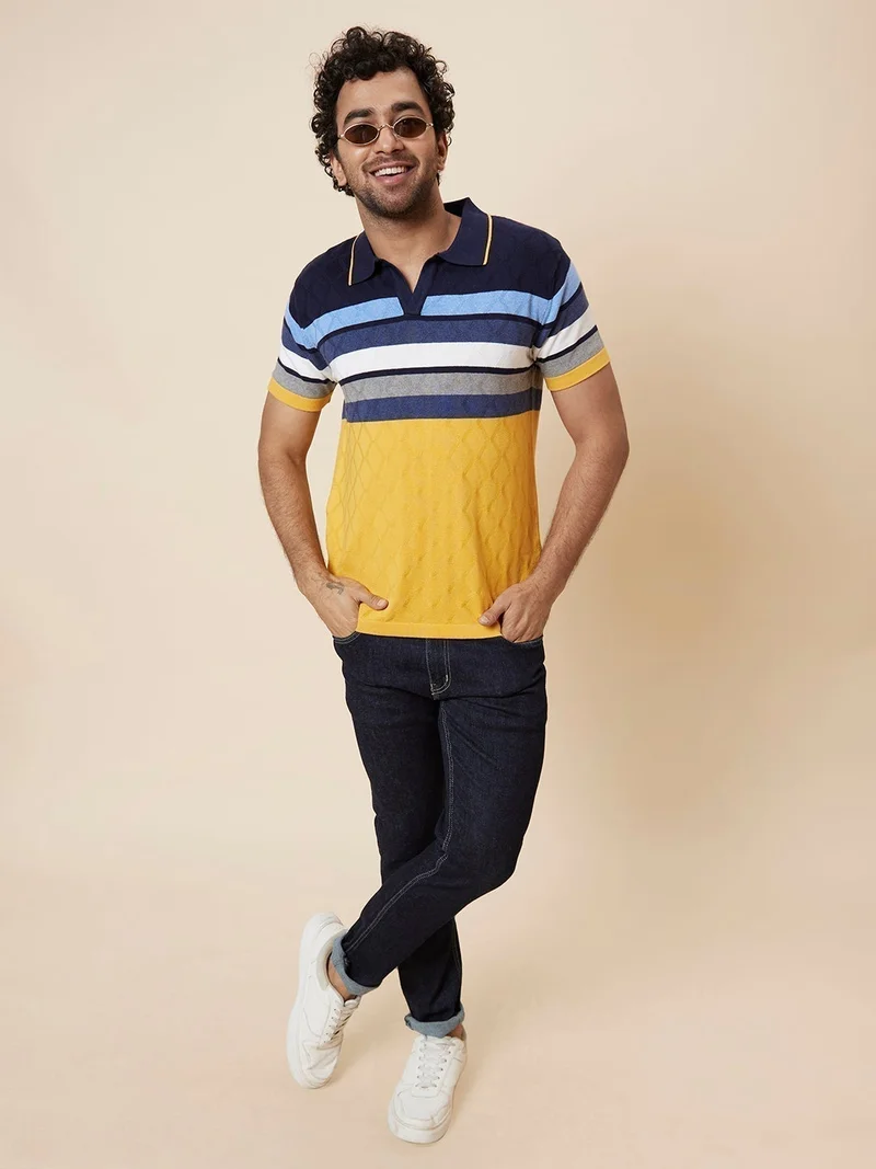 globus Globus Men Mustard Striped Cotton T-Shirt