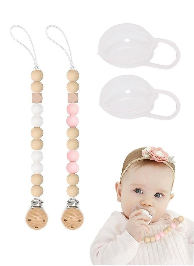 WooFree 2pcs Wooden Silicone Pacifier Chains with 2pcs Transparent Pacifier Cases  - Image 1