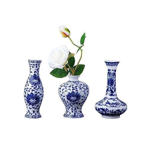 Lovecat Set of 3 Small Blue & White Porcelain Vases, Fambe Glaze Porcelain Vases Set of 3, Classic Ceramic Flower Vases for Home Décor - Image 1