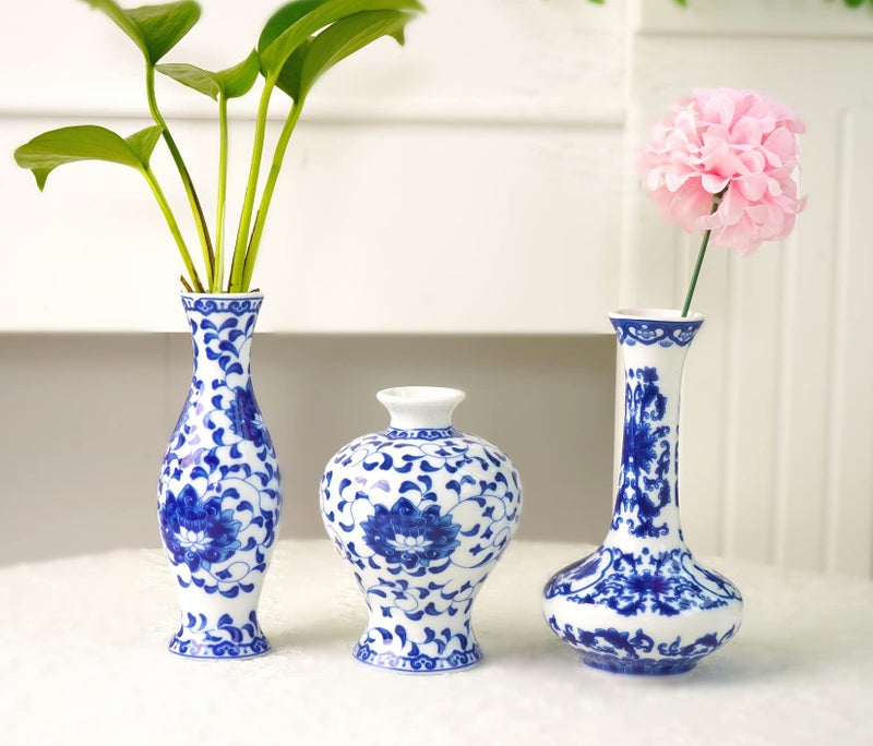 Lovecat Set of 3 Small Blue & White Porcelain Vases, Fambe Glaze Porcelain Vases Set of 3, Classic Ceramic Flower Vases for Home Décor - Image 4
