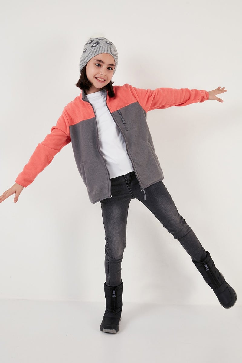 Lela Soft Textured Zippered Color Block Stand Collar Pocket Fleece Unisex Children's Fleece 5905001  - Image 1