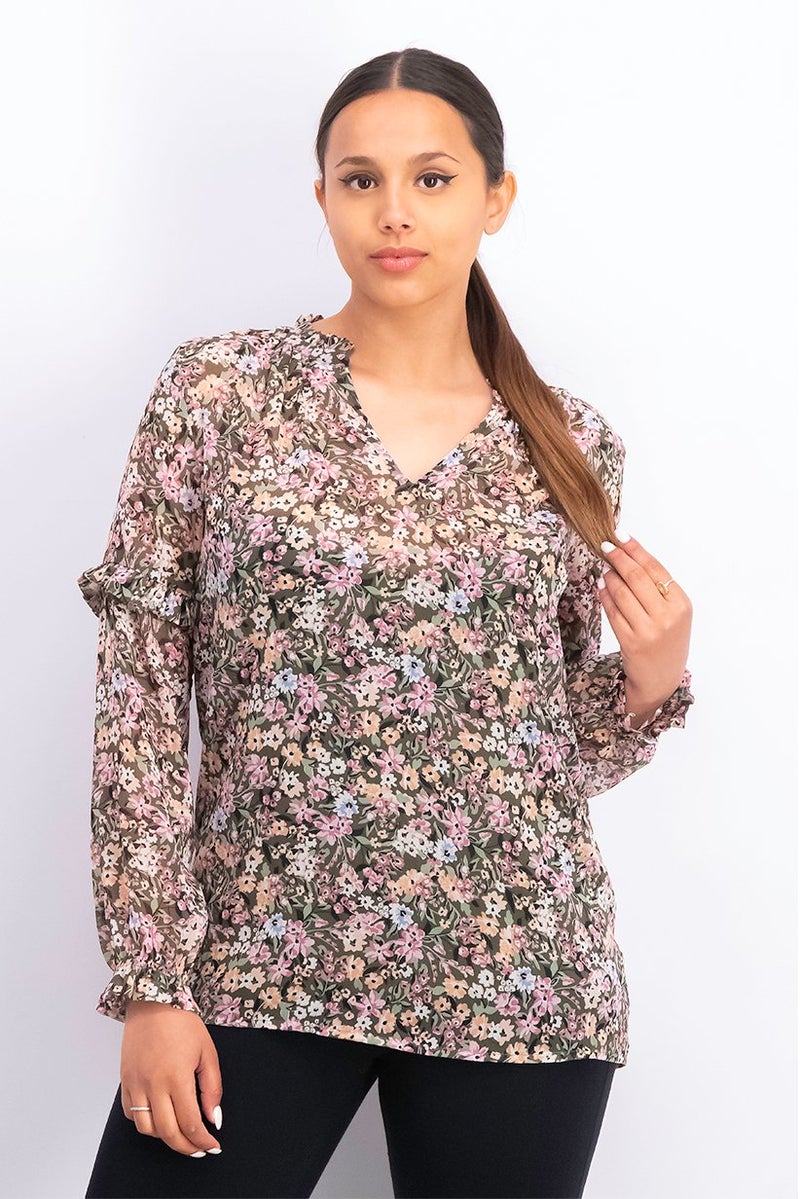 EDC Women Split Neck Longsleeves Allover Print Top, Olive and Green and Pink Combo - Image 1