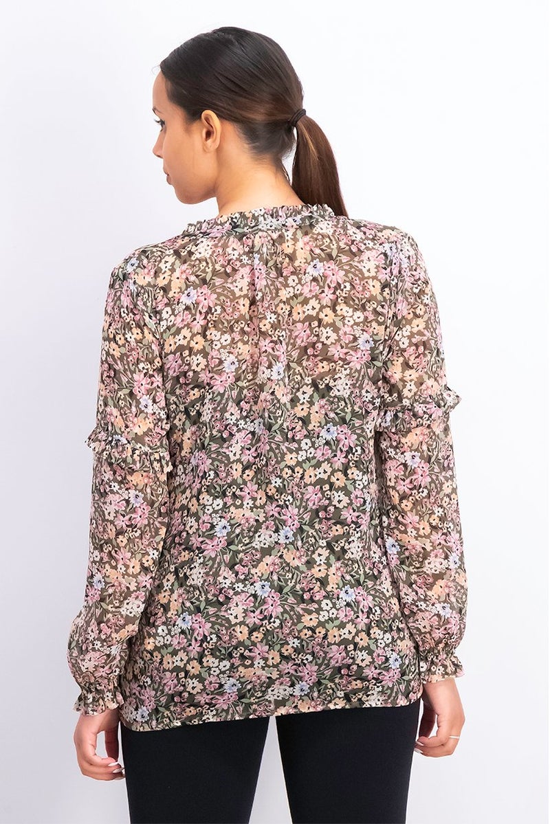 EDC Women Split Neck Longsleeves Allover Print Top, Olive and Green and Pink Combo - Image 3