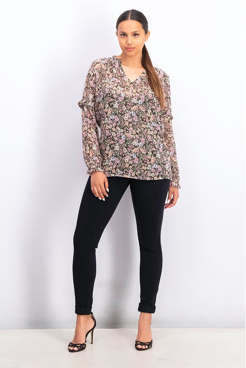 EDC Women Split Neck Longsleeves Allover Print Top, Olive and Green and Pink Combo - Image 4