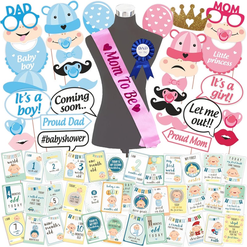 Wobbox Baby Shower Decoration Items| Baby Shower Ceremony Photo Booth Props for Photoshoot, Daddy to Be Badge & Mom to Be Sash with Milestone Card, Godh Bharai Ceremony Decoration Kit-(FP805) - Image 1