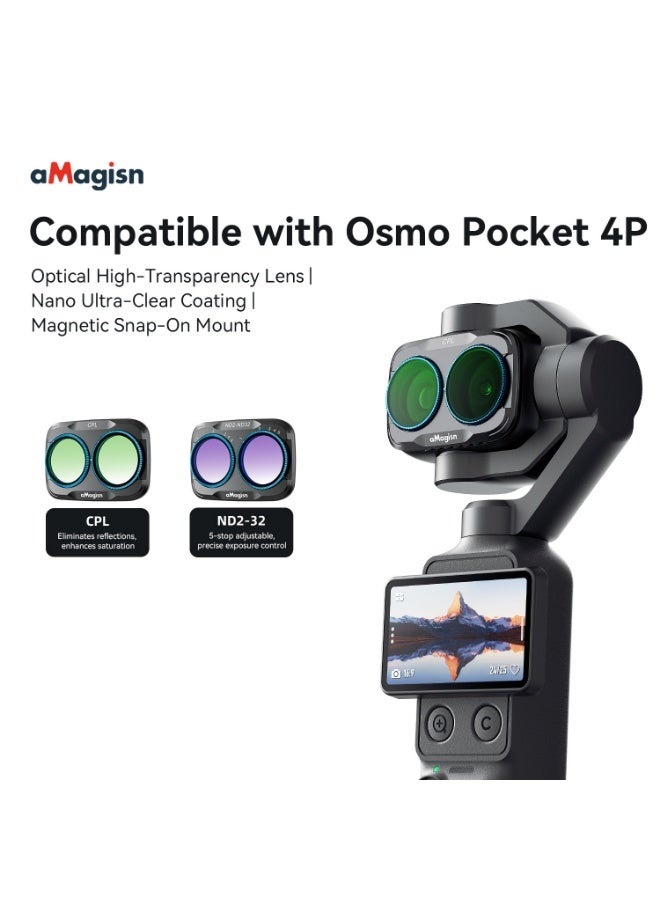 aMagisn 2PCS For DJI Osmo Pocket 4P Filter Set, Magnetic Quick Release Lens Filter Kit with CPL Adjustable ND2-32 Filter, Nano Coated Optical Glass for Camera Lens Protection - Image 1