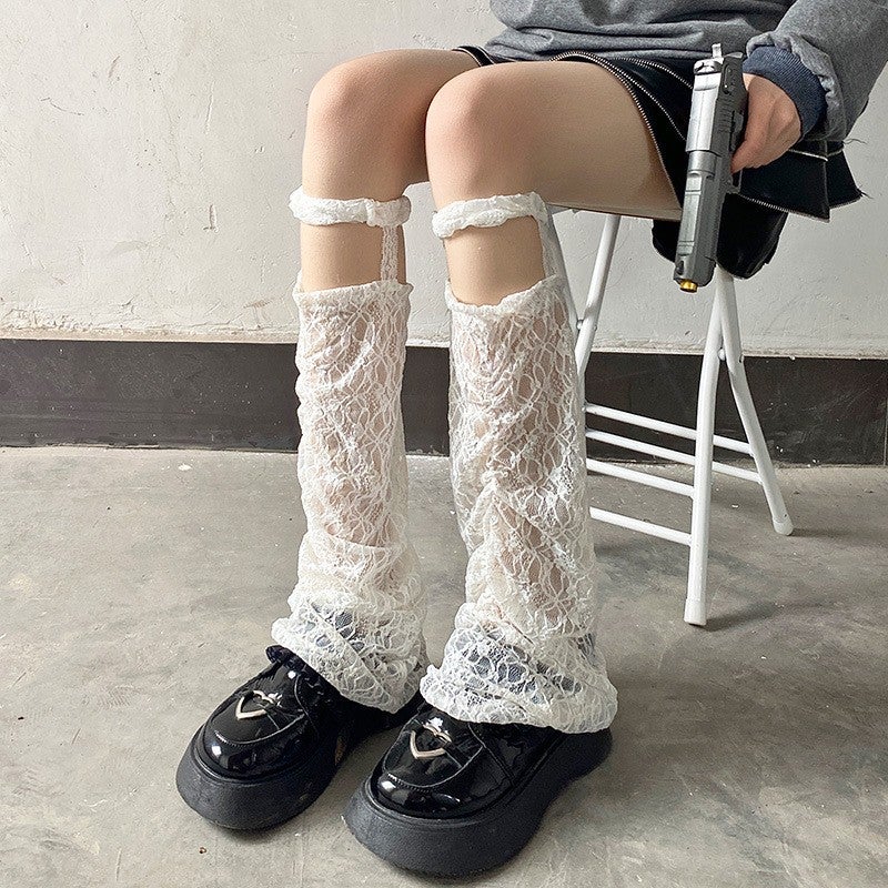 Lolita Hot Trend Leg Warmers Insp Sun Protection Slimming Stylish Suspenders Lace Trim Sling net stockings-white 