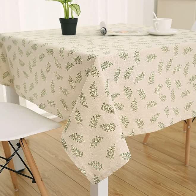 Generic Dining Tablecloth with Green Leaf Pattern, Beige Linen, 140x180 cm, .smk