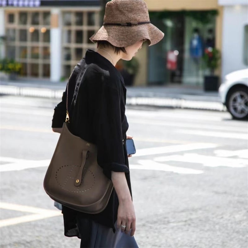 Style High-End Version Hand-Stitched Evelyn Bag First-Layer Cowhide Genuine Leather Versatile Mini Bucket Bag Single Shoulder Crossbody Bag - Image 5