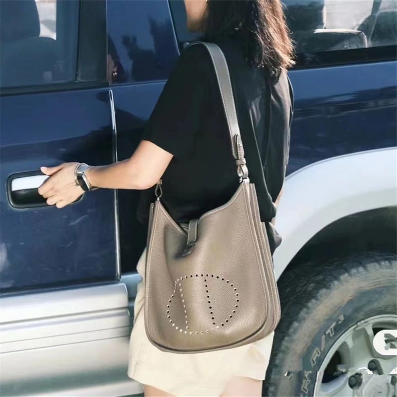 Style High-End Version Hand-Stitched Evelyn Bag First-Layer Cowhide Genuine Leather Versatile Mini Bucket Bag Single Shoulder Crossbody Bag - Image 4