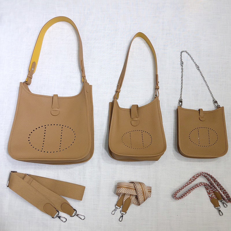 Style High-End Version Hand-Stitched Evelyn Bag First-Layer Cowhide Genuine Leather Versatile Mini Bucket Bag Single Shoulder Crossbody Bag - Image 1