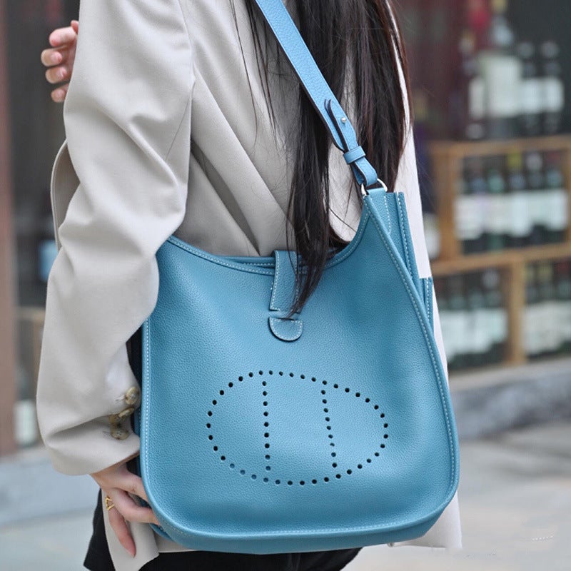 Style High-End Version Hand-Stitched Evelyn Bag First-Layer Cowhide Genuine Leather Versatile Mini Bucket Bag Single Shoulder Crossbody Bag - Image 3