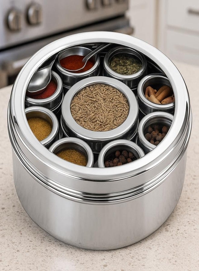 STEEPLE Stainless Steel Masala Box | 9-in-1 Airtight Spice Box with See-Through Lid | Multipurpose Spice Organizer for Kitchen | Durable & Rust-Free | Traditional Indian Spice Storage Container - Image 1