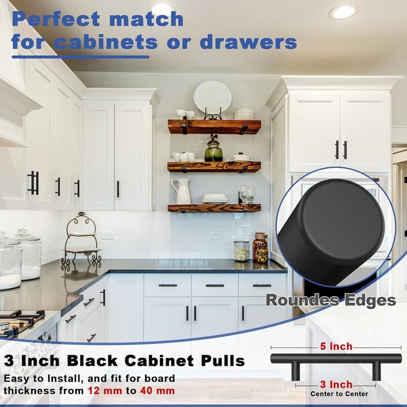 Estmoon 30 Pack Cabinet Handles Matte Black Cabinet Pulls with 3 Inch Hole Center, Stainless Steel Kitchen Cabinet Handles Black Kitchen Handles for Cabinets and Drawers, 76mm Hole Centers - Image 5