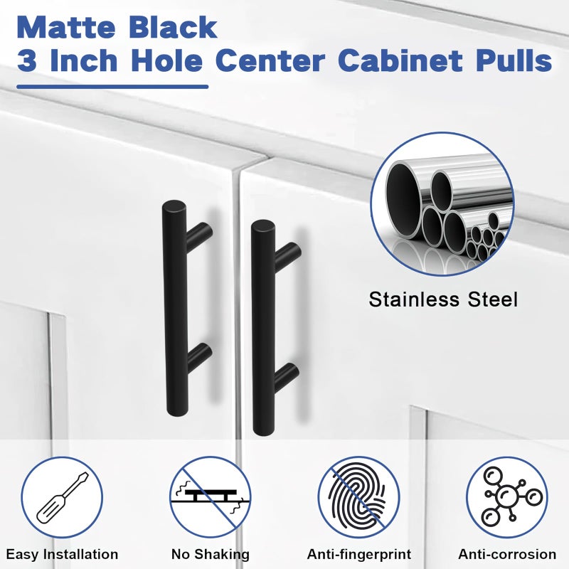 Estmoon 30 Pack Cabinet Handles Matte Black Cabinet Pulls with 3 Inch Hole Center, Stainless Steel Kitchen Cabinet Handles Black Kitchen Handles for Cabinets and Drawers, 76mm Hole Centers - Image 3