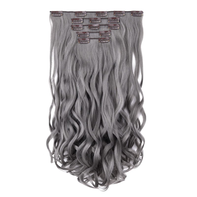 HSPJHTM Grey Hair Extensions Wave Clip in Hair Extension Women Halloween 18 Synthetic Hair Extention 5PCS Long Wavy Gray Thick Hair Pieces for Full Head