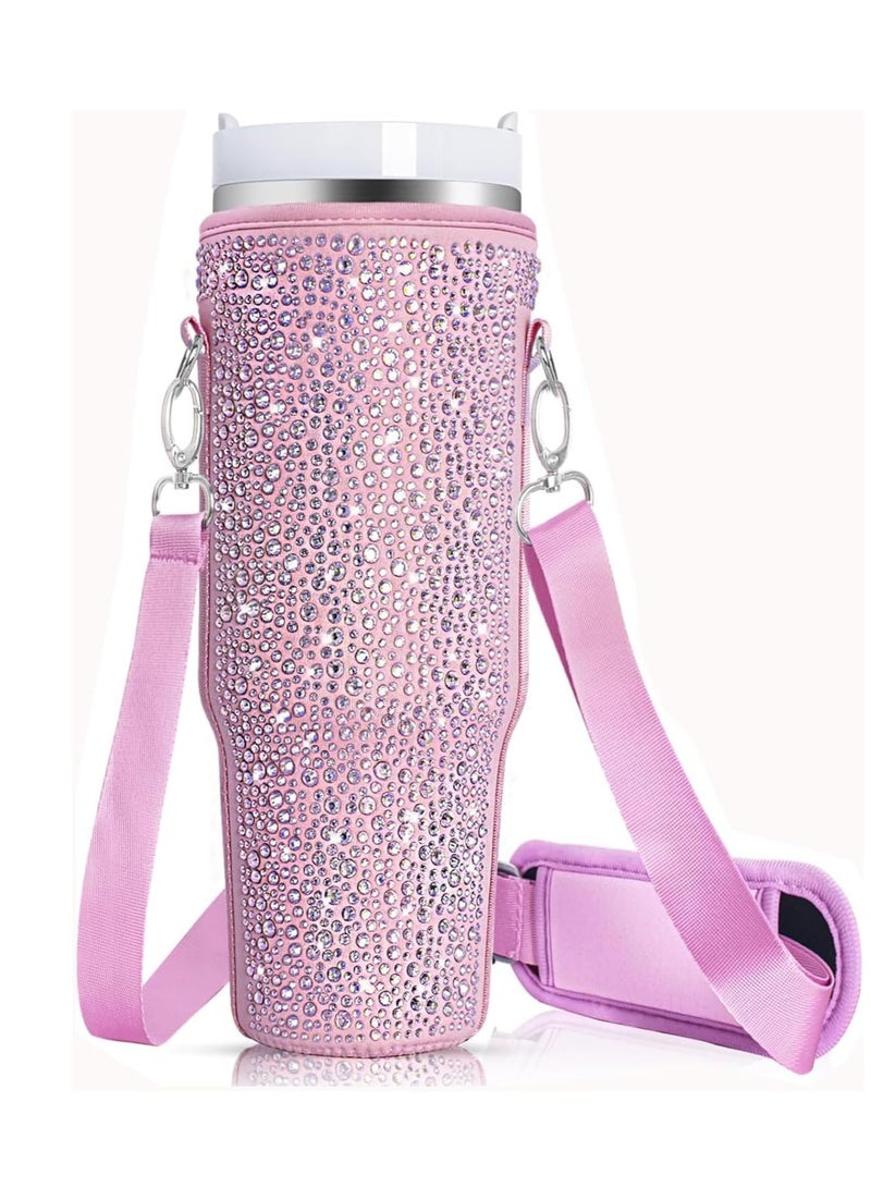 general Bling Water Bottle Tote Bag for Stanley 40oz Glass with Handle, Neoprene Water Bottle Holder with Adjustable Strap for Stanley Cup Accessories (Pink)  - Image 1