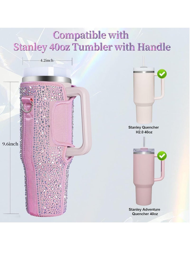 general Bling Water Bottle Tote Bag for Stanley 40oz Glass with Handle, Neoprene Water Bottle Holder with Adjustable Strap for Stanley Cup Accessories (Pink)  - Image 3