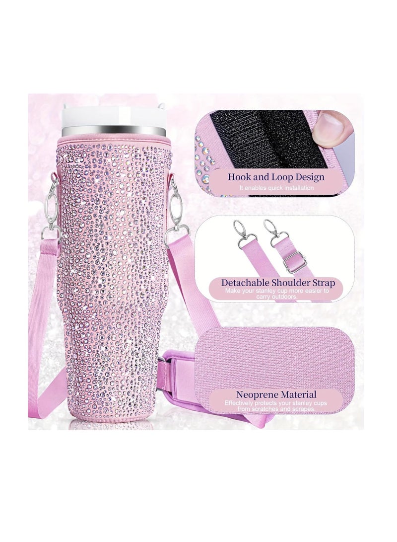 general Bling Water Bottle Tote Bag for Stanley 40oz Glass with Handle, Neoprene Water Bottle Holder with Adjustable Strap for Stanley Cup Accessories (Pink)  - Image 4