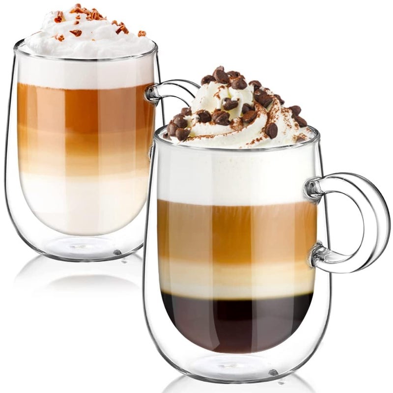 glastal Double Walled Glass Coffee Mug 12 oz Cappuccino Cups Set of 2 Clear Glass Coffee Cups with Handle Insulated Borosilicate Double Wall Glass Latte Coffee Mugs Milk Tea Cup German Quality