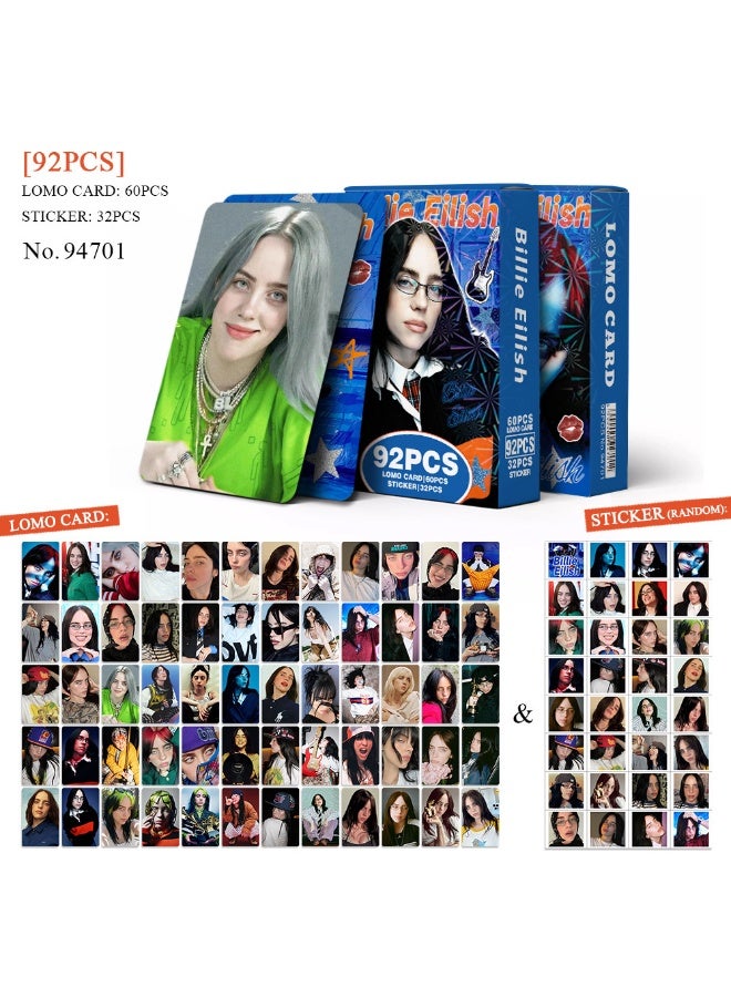 Billie Eilish Lomocard & Sticker Set – 92PCS (60 Lomocards + 32 Random Stickers) | Aesthetic Photo Card Collection for Fans