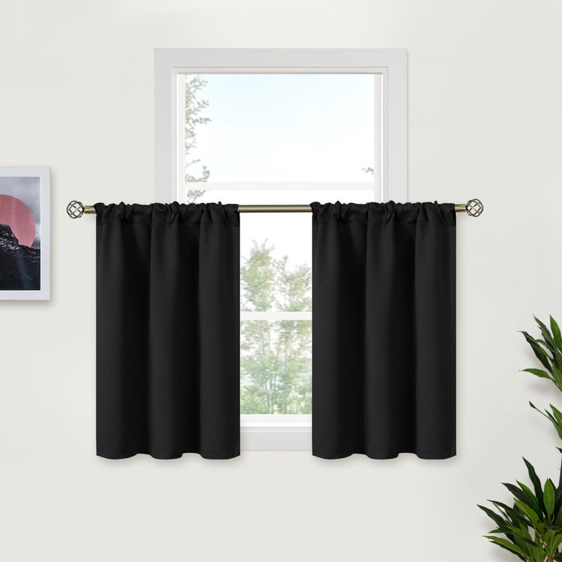 BGment Black Short Curtains 30 Inches Length - Rod Pocket Half Window Drapes for Kitchen Bathroom Basement Cafe Room Darkening Blind Rv Camper Privacy  2 Panels  34 x 30 Inch - Image 1