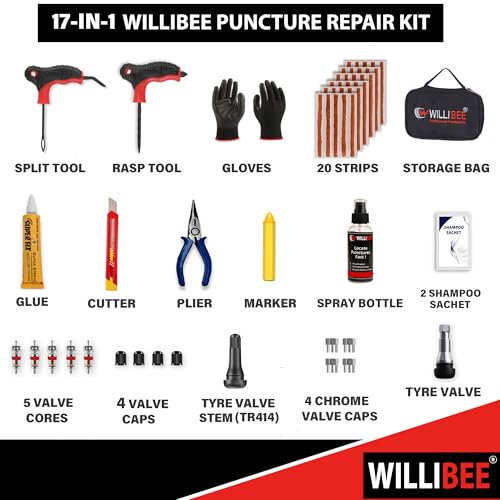 WILLIBEE 17-in-1 (Pack of 20 Strips) Tubeless Tyre Puncture Repair Kit for Car & Bike | Heavy-Duty Puncher Kit (Includes Storage Bag) | Complete Emergency Tyre Fix Set - Image 2