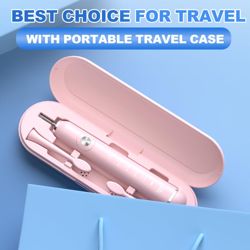 JTF Sonic Electric Toothbrush - with Travel Case and 6 Brush Heads, Fast Charging toothbrushes for 60 Days Long Lasting, 5 Modes Power Toothbrush for Women, Pink - Image 5