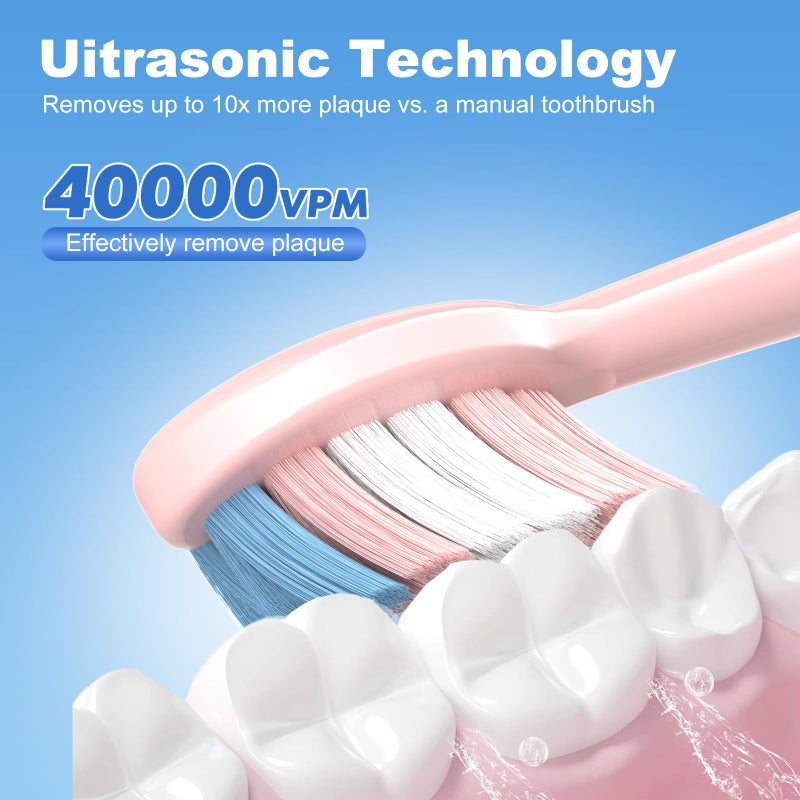 JTF Sonic Electric Toothbrush - with Travel Case and 6 Brush Heads, Fast Charging toothbrushes for 60 Days Long Lasting, 5 Modes Power Toothbrush for Women, Pink - Image 3