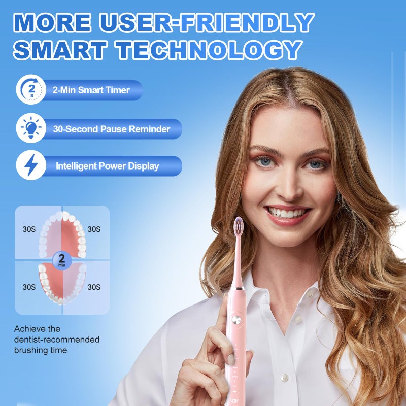 JTF Sonic Electric Toothbrush - with Travel Case and 6 Brush Heads, Fast Charging toothbrushes for 60 Days Long Lasting, 5 Modes Power Toothbrush for Women, Pink - Image 4