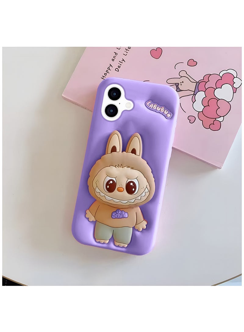 Wtech Apple iPhone 16 Plus 5G 2024 3D Labubu Cartoon Pop Case, Premium Soft Liquid Jelly Silicone Case with Phone Holder Cool Full Protective Cute Aesthetic Case Cover - Lavender - Image 2