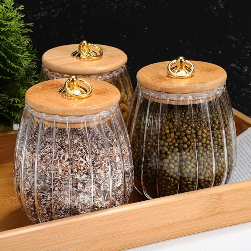 bellemax 700ML Clear Glass Storage Jar With Air Tight Wooden Lids- Airtight Food Jars Glass Kitchen Containers For Pantry, Pickle Jar, Sugar Pasta Cereal Flour Sugar Storage Jar (BM-09, Set of 2) - Image 2