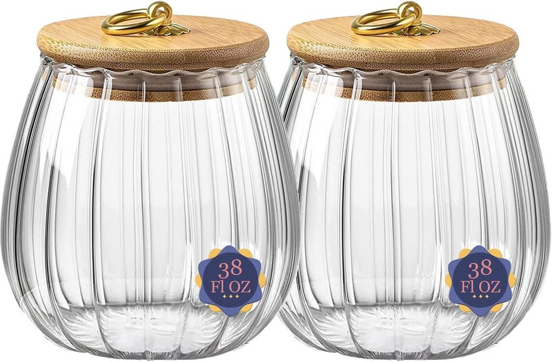 bellemax 700ML Clear Glass Storage Jar With Air Tight Wooden Lids- Airtight Food Jars Glass Kitchen Containers For Pantry, Pickle Jar, Sugar Pasta Cereal Flour Sugar Storage Jar (BM-09, Set of 2) - Image 1