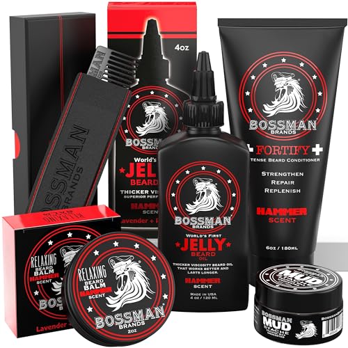 Bossman Complete Beard Kit Mens Beard Oil Jelly Fortifying Shower Conditioner Balm Mustache Wax Comb Beard Softener Grooming Care Gold Scent