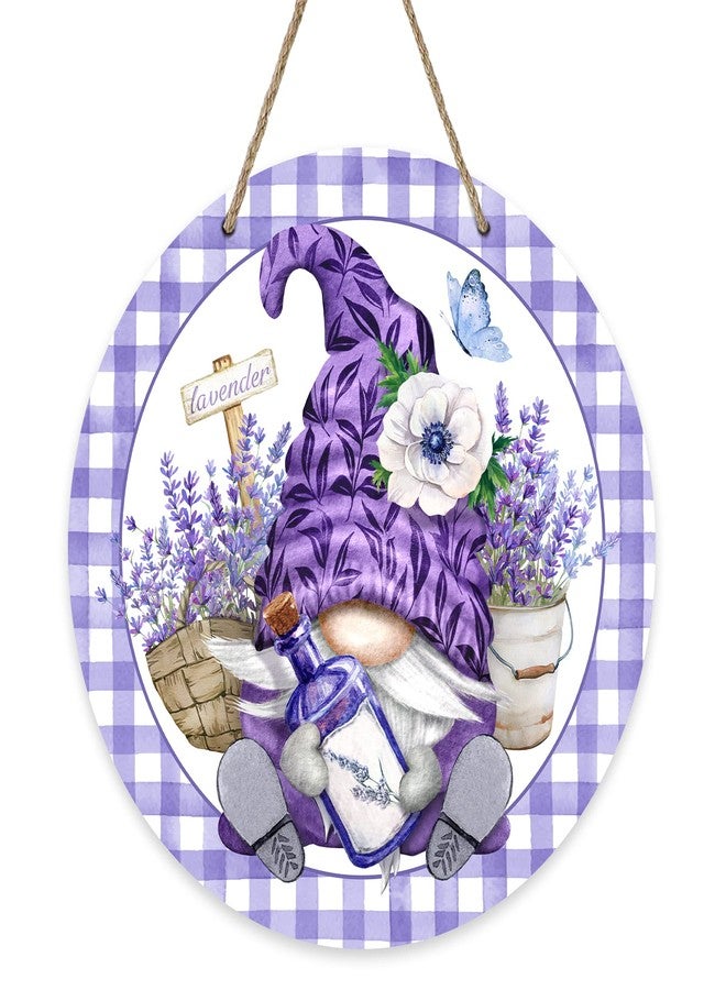 Deroro Spring Gnome Lavender Flower Sign for Front Door Decor, Anemone Purple Buffalo Plaid Wood Door Hanger for Outdoor Outside Porch, Summer Farmhouse Wooden Wreath Indoor Wall Hanging Decoration - Image 1