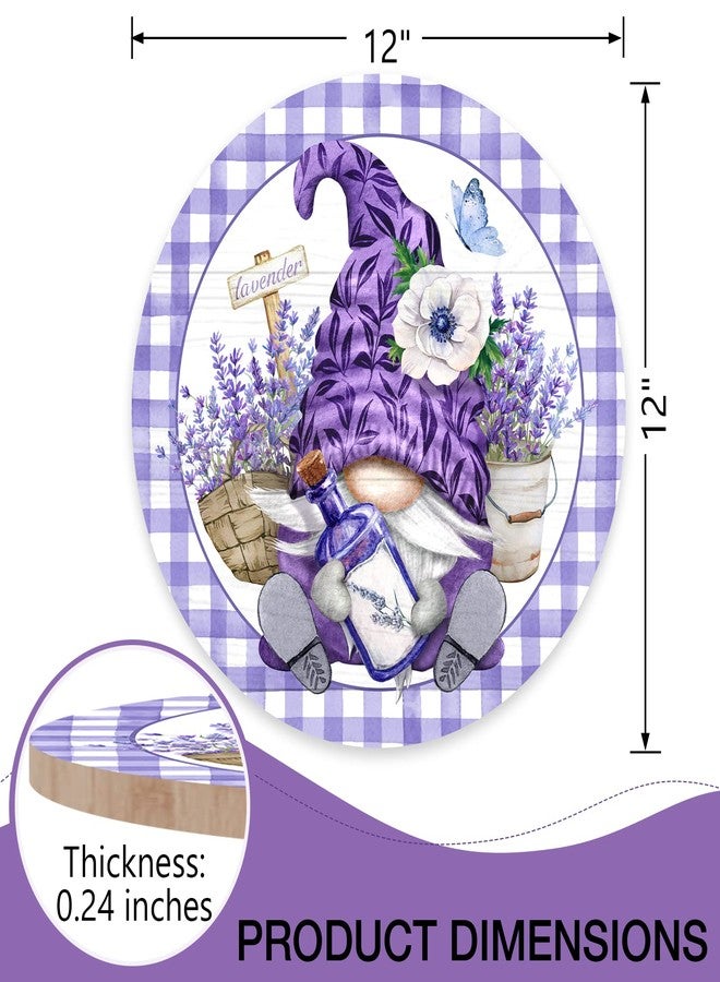 Deroro Spring Gnome Lavender Flower Sign for Front Door Decor, Anemone Purple Buffalo Plaid Wood Door Hanger for Outdoor Outside Porch, Summer Farmhouse Wooden Wreath Indoor Wall Hanging Decoration - Image 2