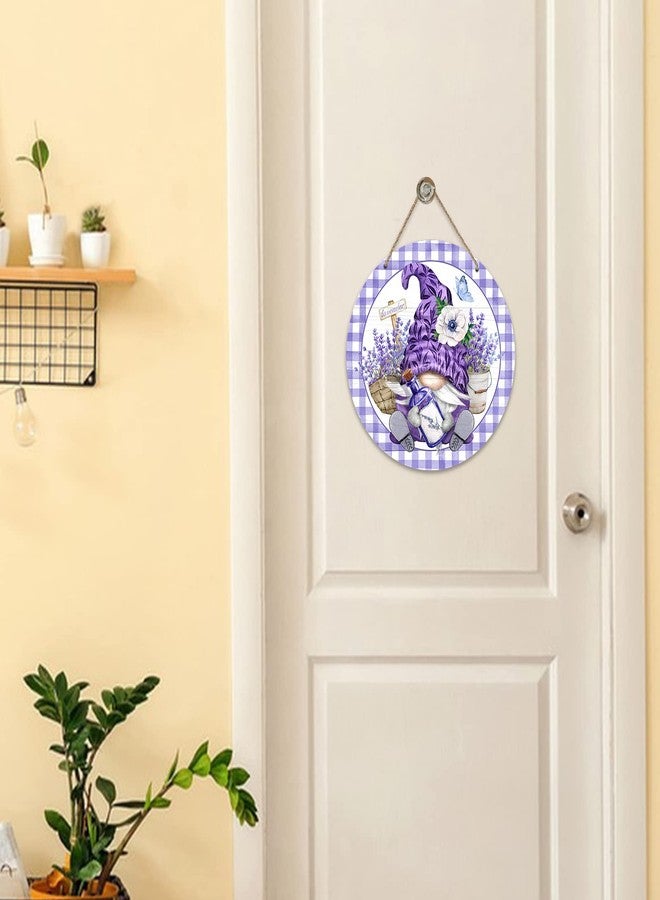 Deroro Spring Gnome Lavender Flower Sign for Front Door Decor, Anemone Purple Buffalo Plaid Wood Door Hanger for Outdoor Outside Porch, Summer Farmhouse Wooden Wreath Indoor Wall Hanging Decoration - Image 4