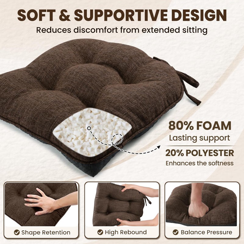 downluxe Indoor Chair Cushions for Dining Chairs, Tufted Overstuffed Textured Foam Kitchen Chair Pads with Ties and Non-Slip Backing, 15.5" x 15.5" x 4", Brown, 4 Pack - Image 3